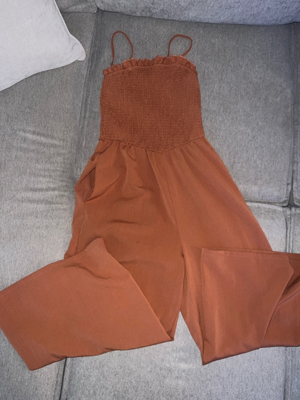 Women's Rust Wide-Leg Jumpsuit with Smocked Bodice